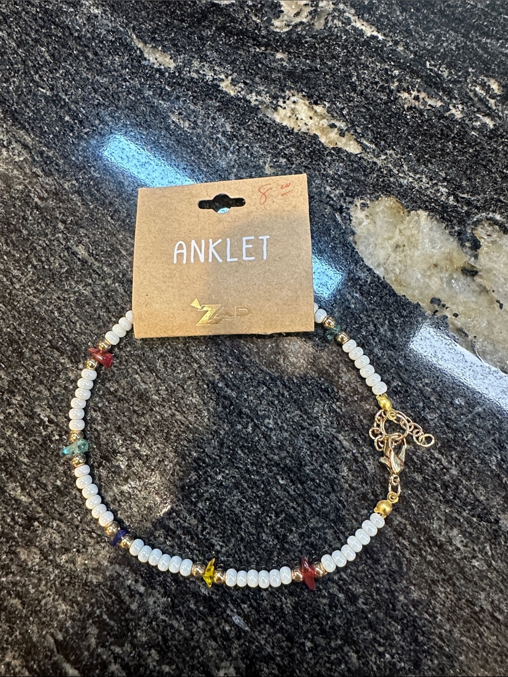 ZAD White Beaded Anklet with Multicolor Accent Beads and Gold Accents